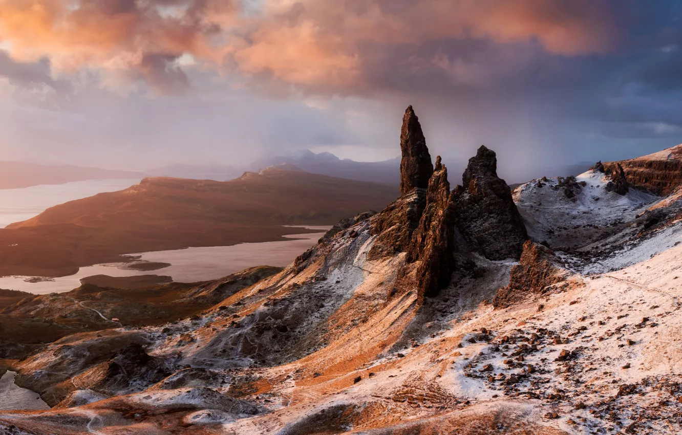 Photo wallpaper clouds, horizon, Scotland, Isle of Skye, the beauty of nature, The Storr, 2022, the peaks …
