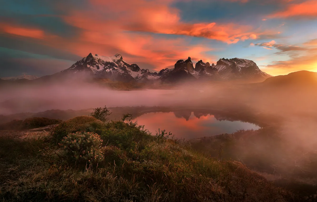 Photo wallpaper mountains, nature, fog, morning