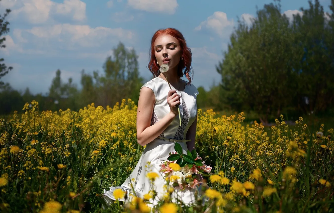 Photo wallpaper sky, trees, field, nature, flowers, clouds, model, redhead