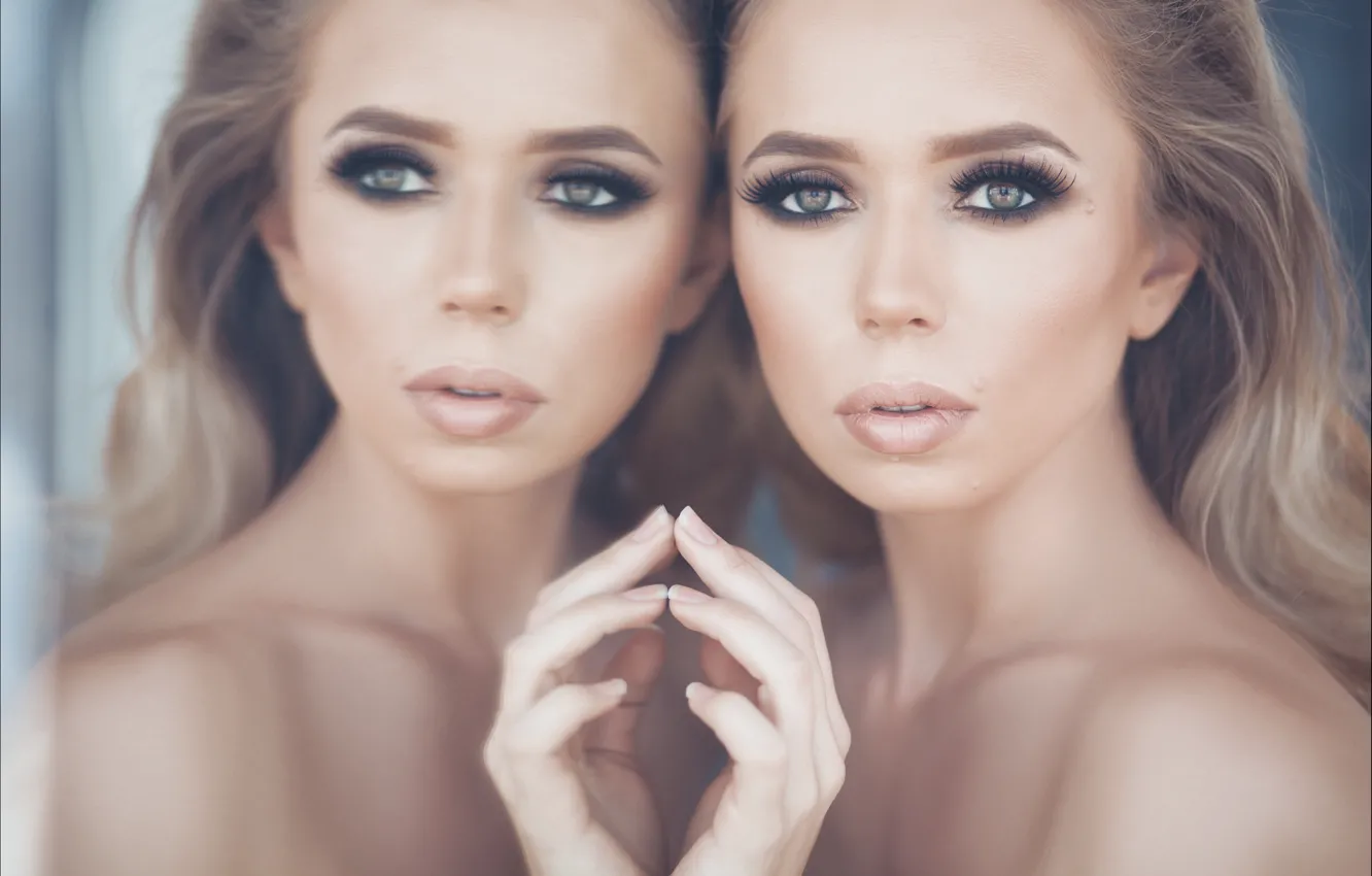 Photo wallpaper look, girl, face, eyelashes, reflection, portrait, makeup, mirror