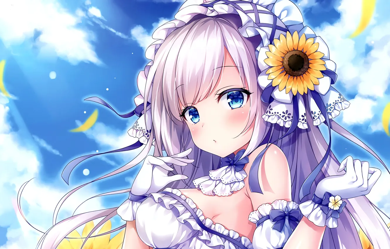 Photo wallpaper girl, sexy, cleavage, flower, pink hair, long hair, dress, boobs