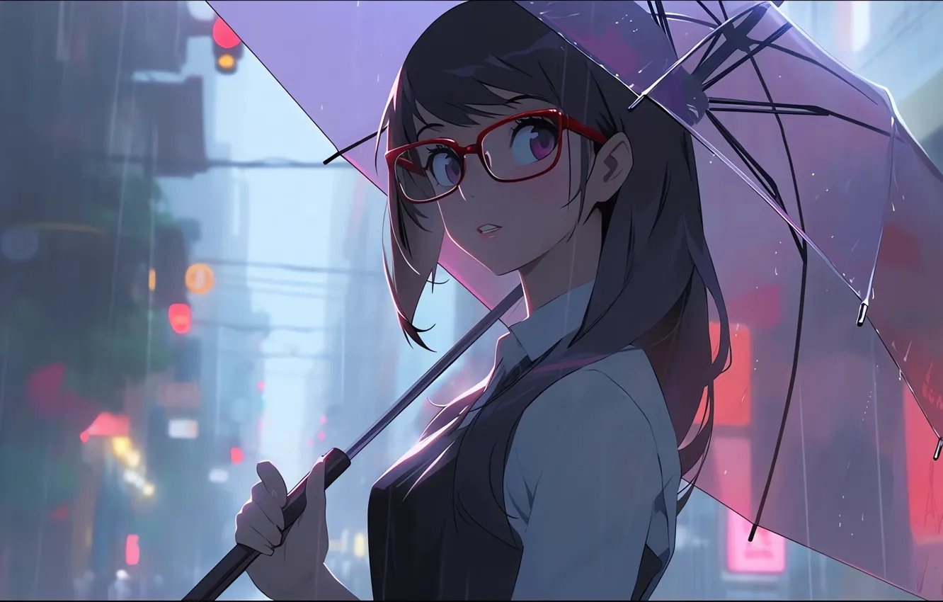 Photo wallpaper city, school uniform, rain, long hair, umbrella, glasses, anime girls, Schoolgirl