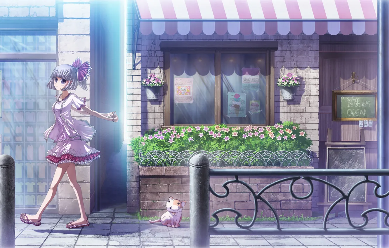 Photo wallpaper the girl walking down the street, and sitting cat, past the shops