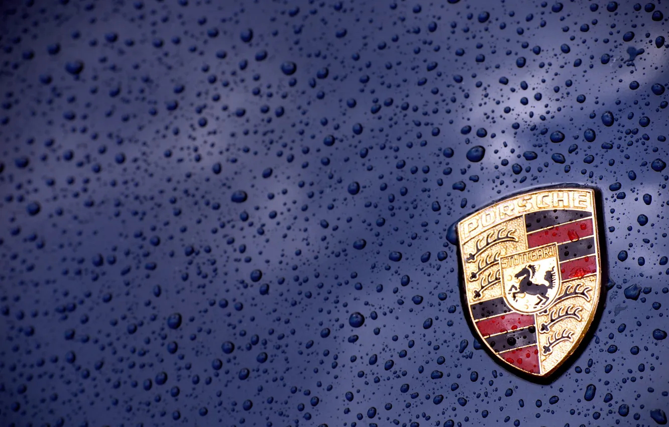 Photo wallpaper drops, macro, blue, background, logo, Porsche, cars, emblem