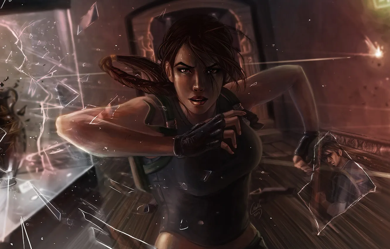 Photo wallpaper glass, fragments, Lara Croft, tomb rider