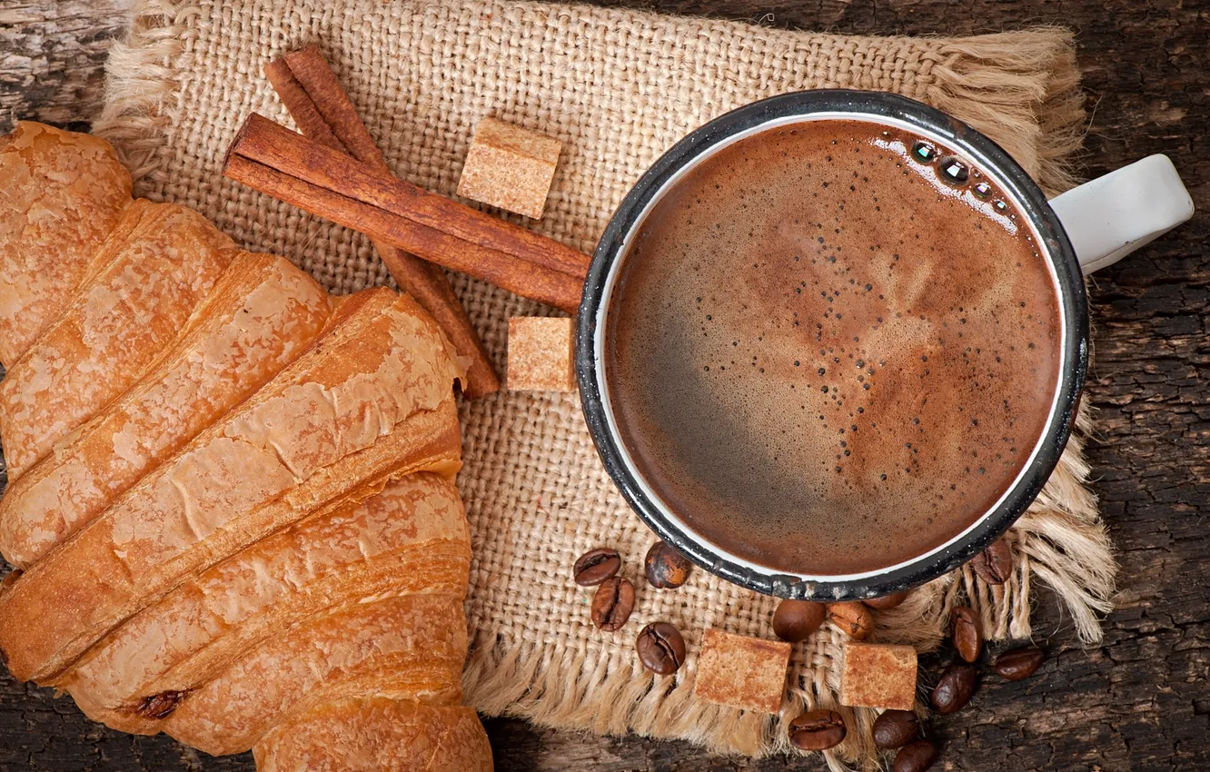 Photo wallpaper coffee, Cup, drink, cakes, croissant