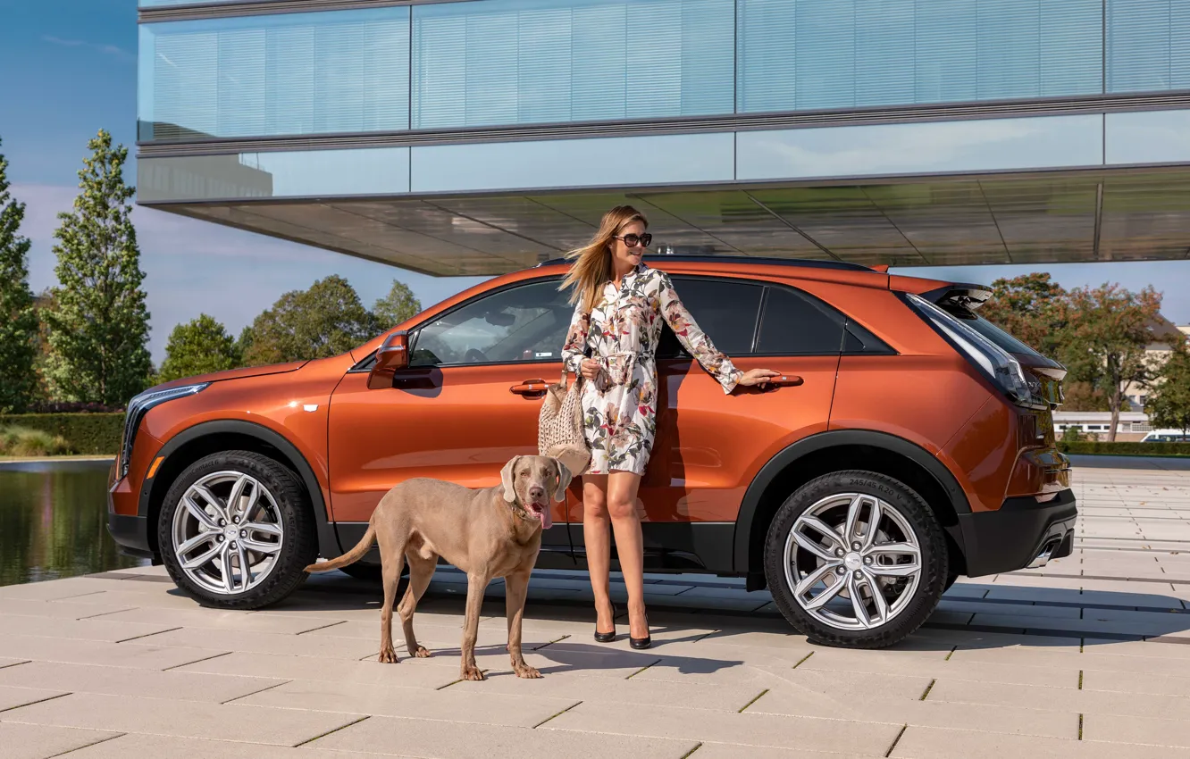 Photo wallpaper Cadillac, Girl, Dog, Side, Crossover, Cadillac XT4