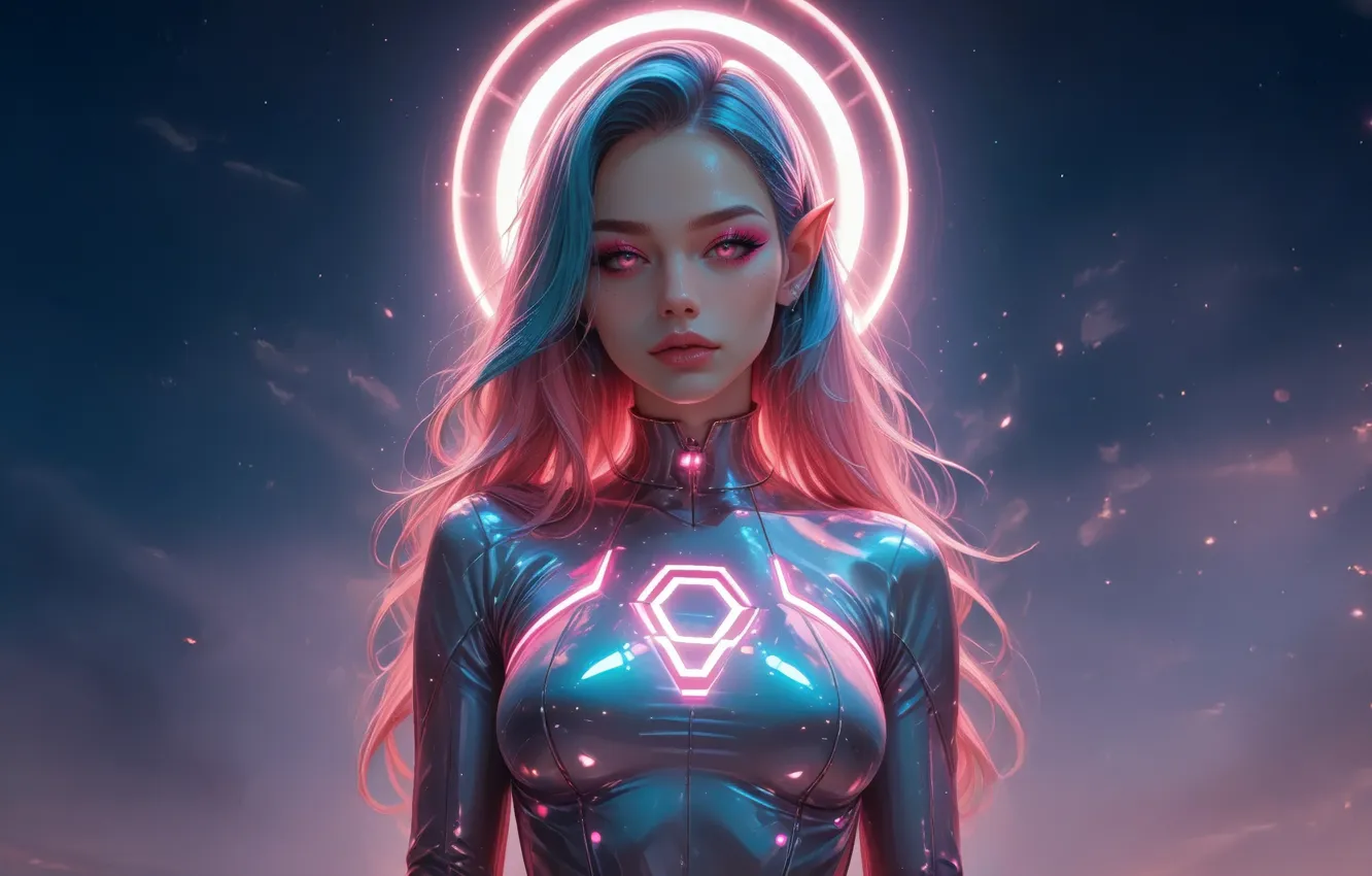 Photo wallpaper girl, halo, Fantastic art, A tight-fitting suit, blue-pink hair, The Cyber Elf Princess, Cyber Elf …