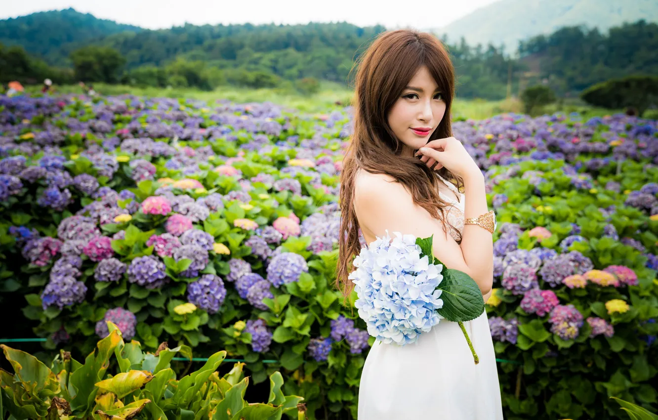 Photo wallpaper look, girl, flowers, hair, brown hair, Asian