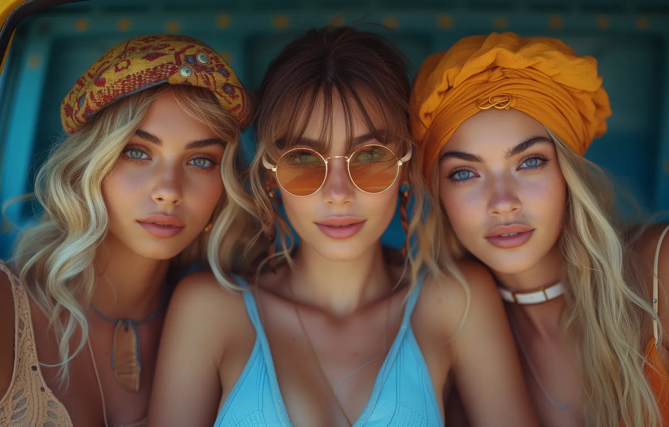 Photo wallpaper look, girl, face, portrait, glasses, trio, three girls, AI art