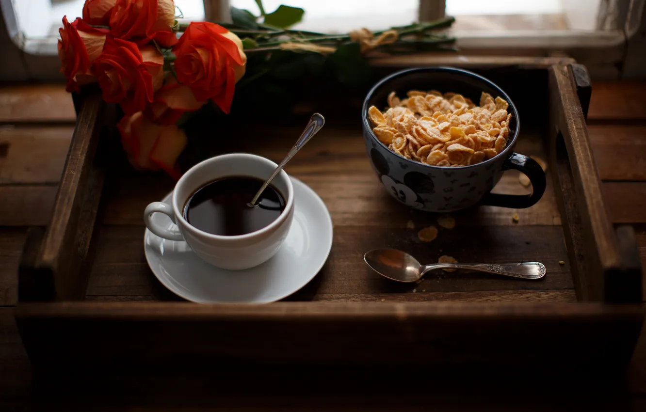 Photo wallpaper coffee, roses, dinner