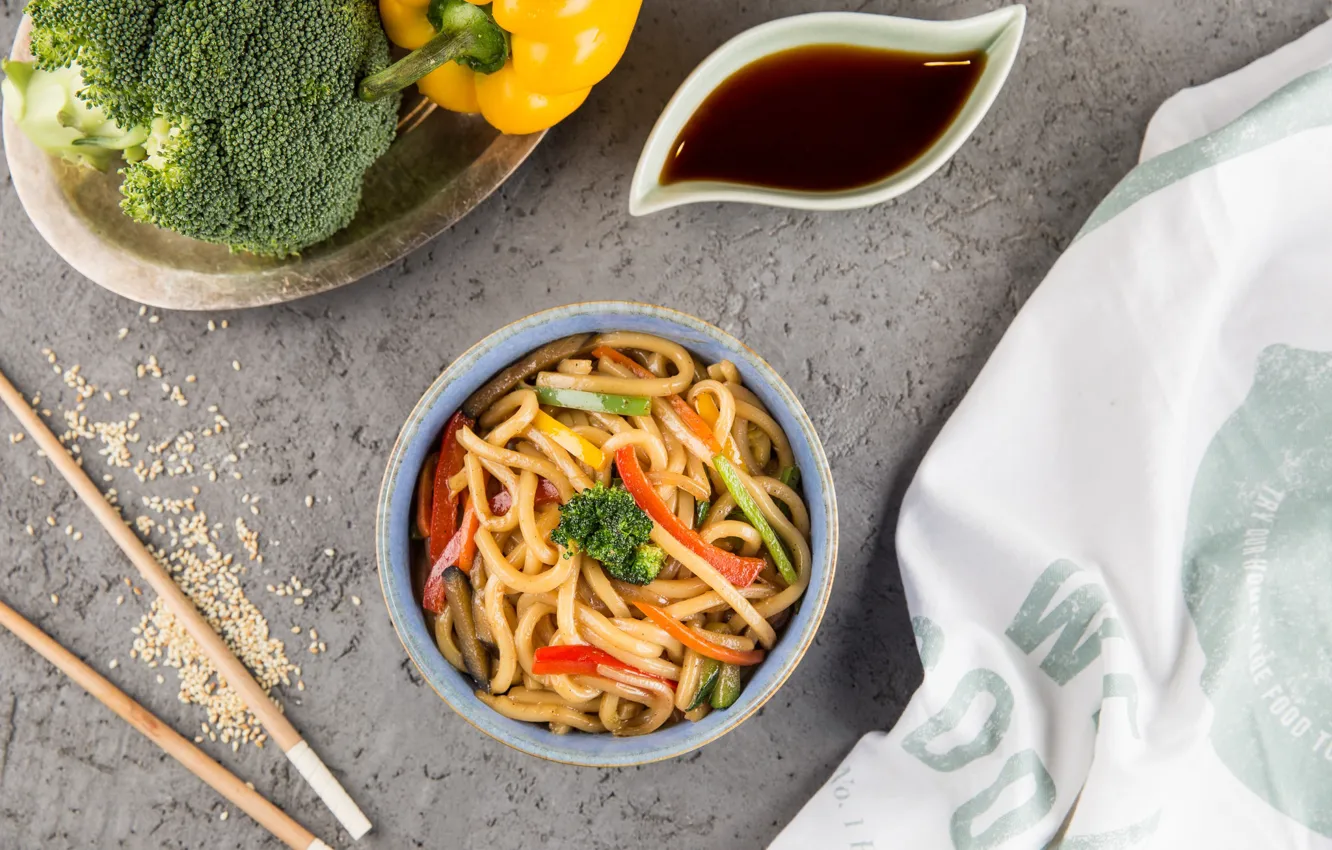 Photo wallpaper pepper, soy sauce, broccoli, noodles