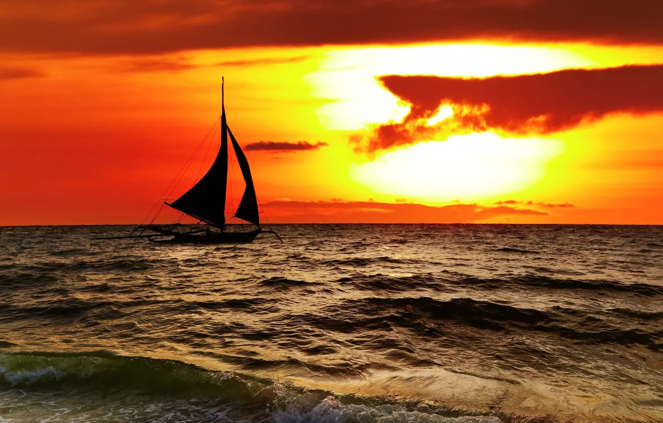 Photo wallpaper wave, sunset, the ocean, boat, the evening, sail