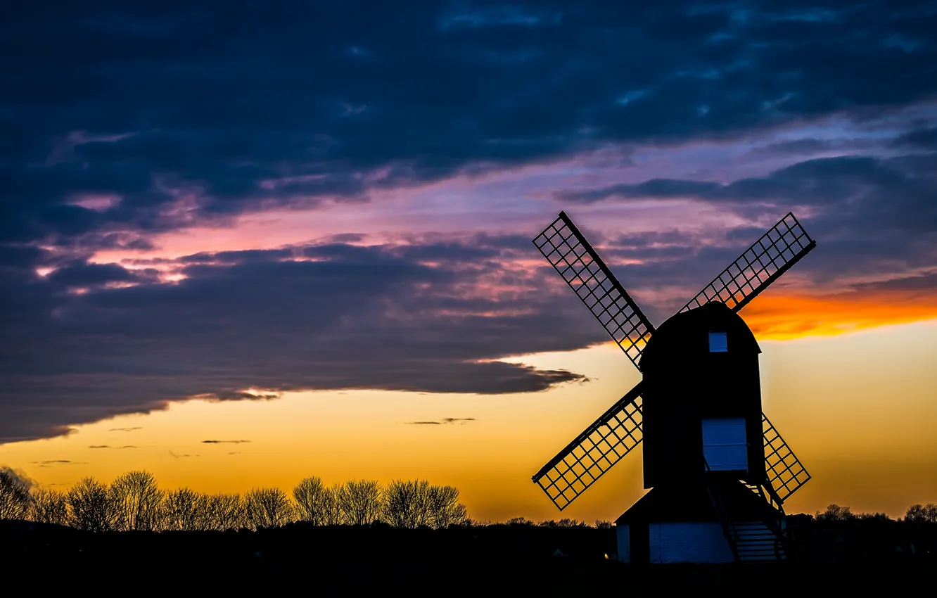 Photo wallpaper the sky, clouds, trees, the evening, glow, windmill