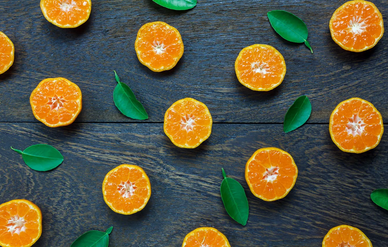 Photo wallpaper leaves, orange, background, slices, background, fruit, orange, Mandarin
