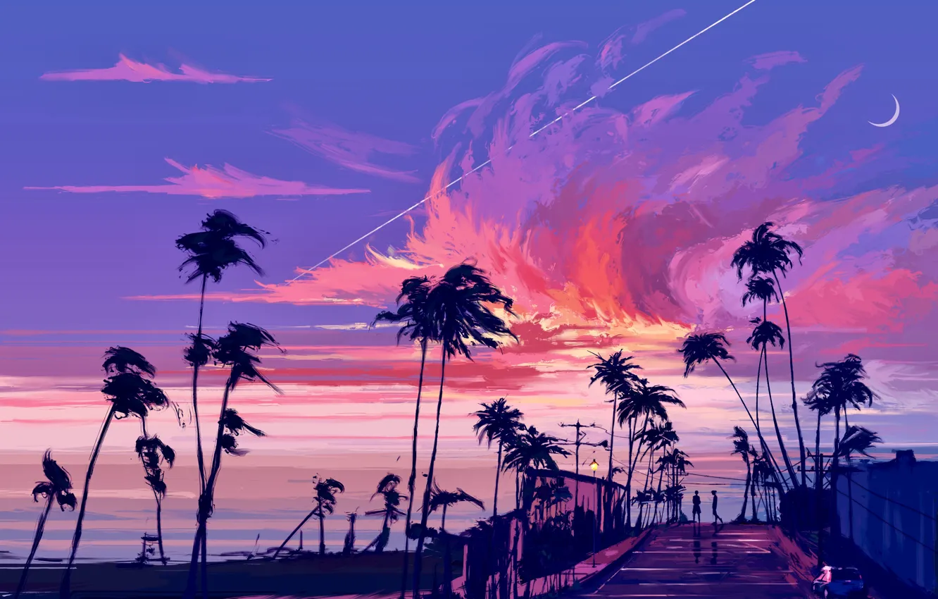 Photo wallpaper sea, the sky, palm trees, people, Crescent