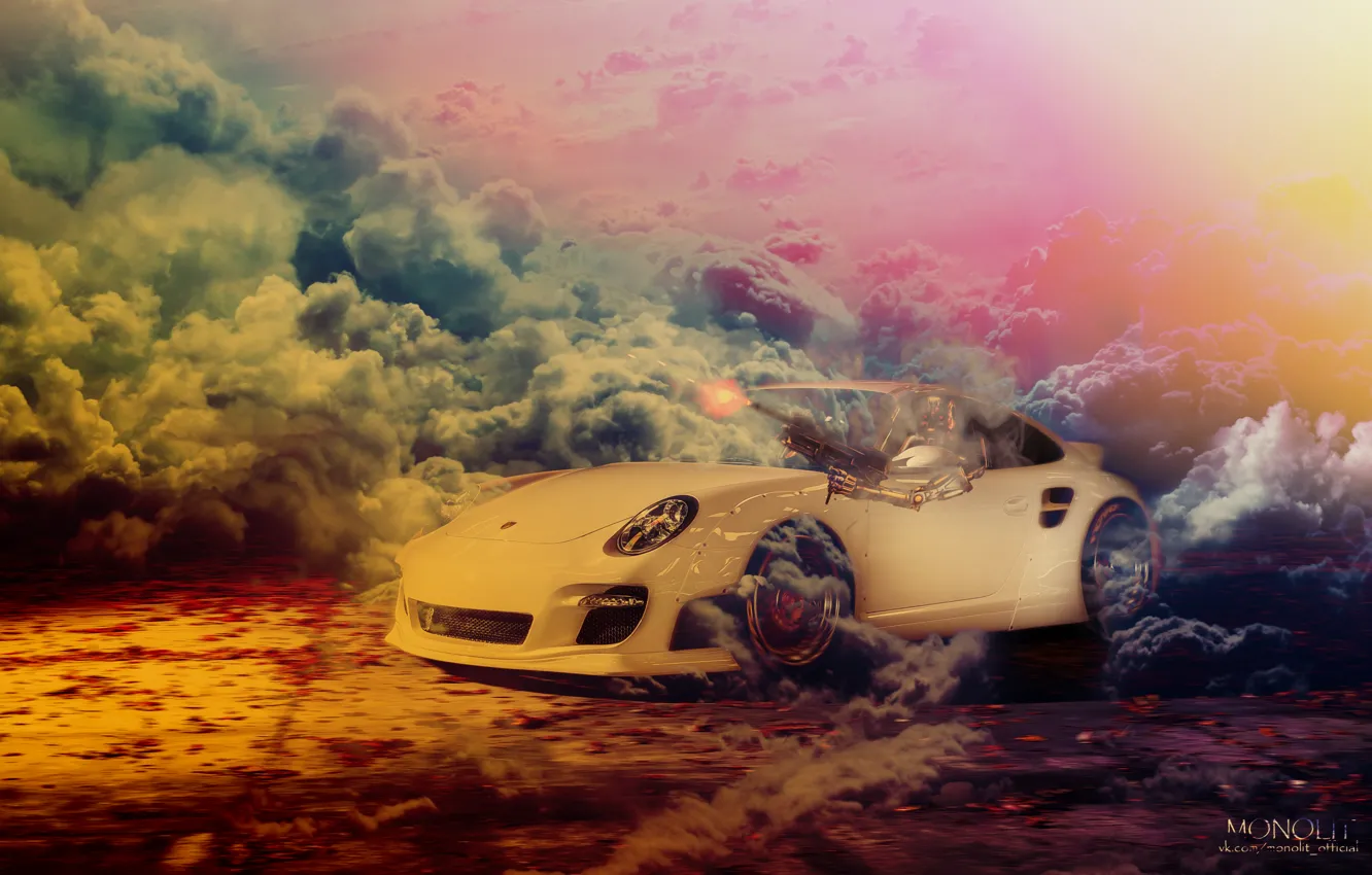 Photo wallpaper car, machine, white, smoke, terminator, 911, Porsche, fire
