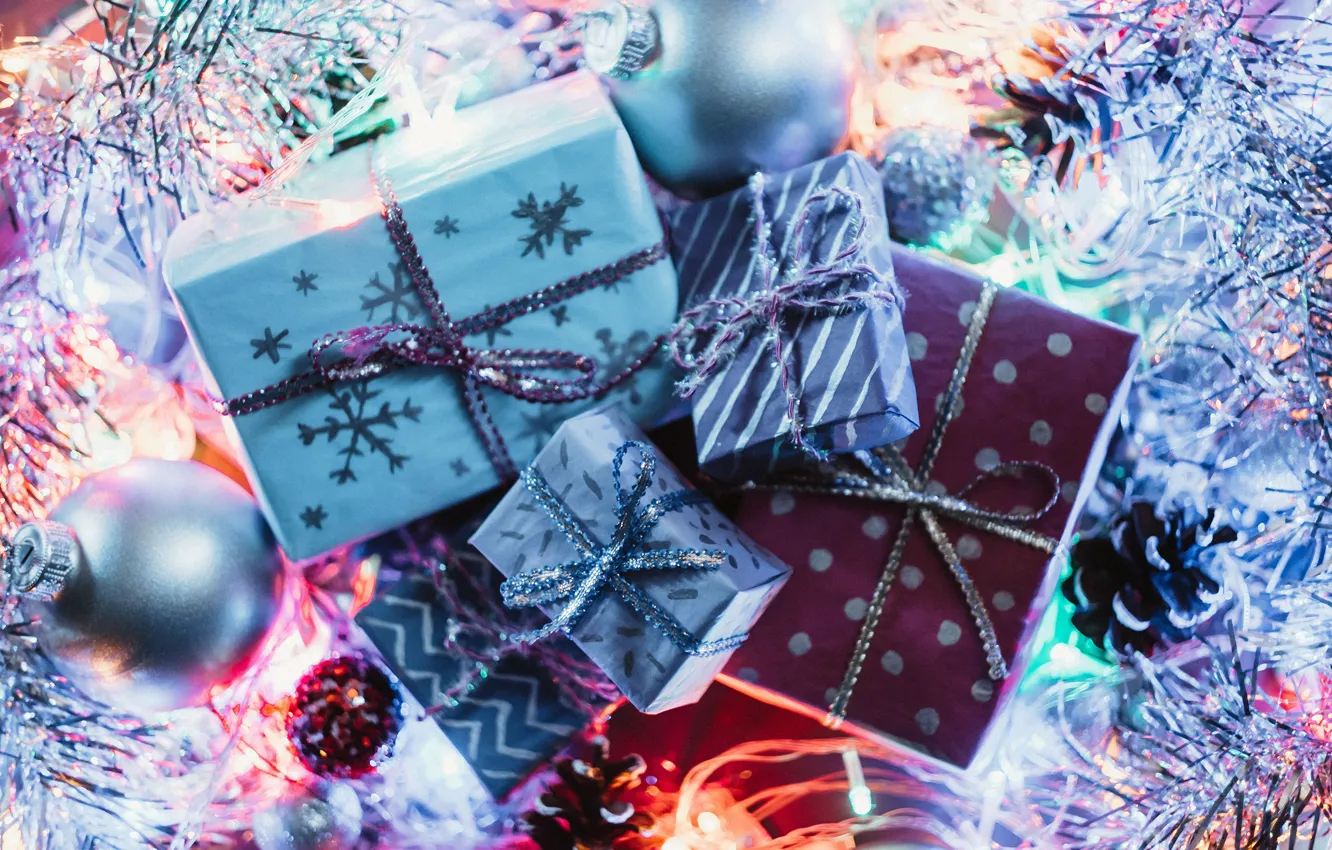 Photo wallpaper balls, lights, holiday, Shine, blue, Christmas, gifts, New year