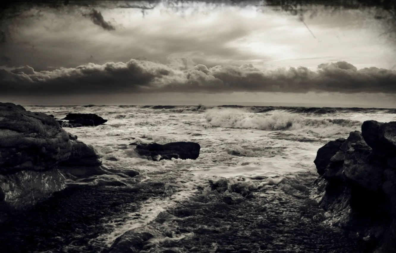 Photo wallpaper wave, foam, clouds, storm, nature, stones, the wind, sea