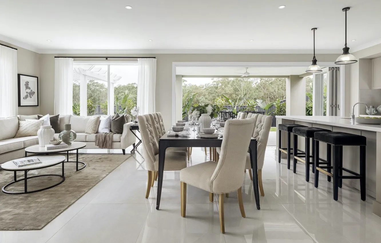 Photo wallpaper style, interior, white-gray, living room-dining room-open plan kitchen, open plan living-dining-kitchen, modern provincial interior design, …