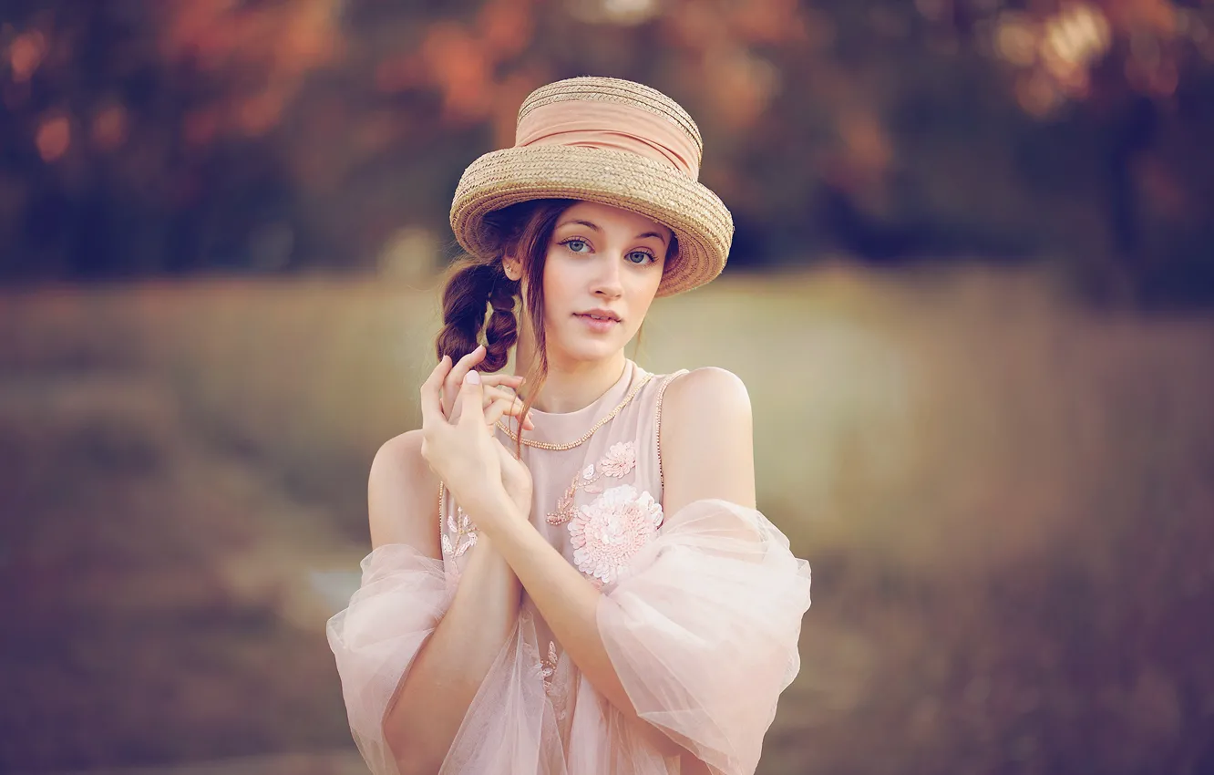 Photo wallpaper girl, nature, dress, brunette, hat, shoulders, curls, Tanya Markova