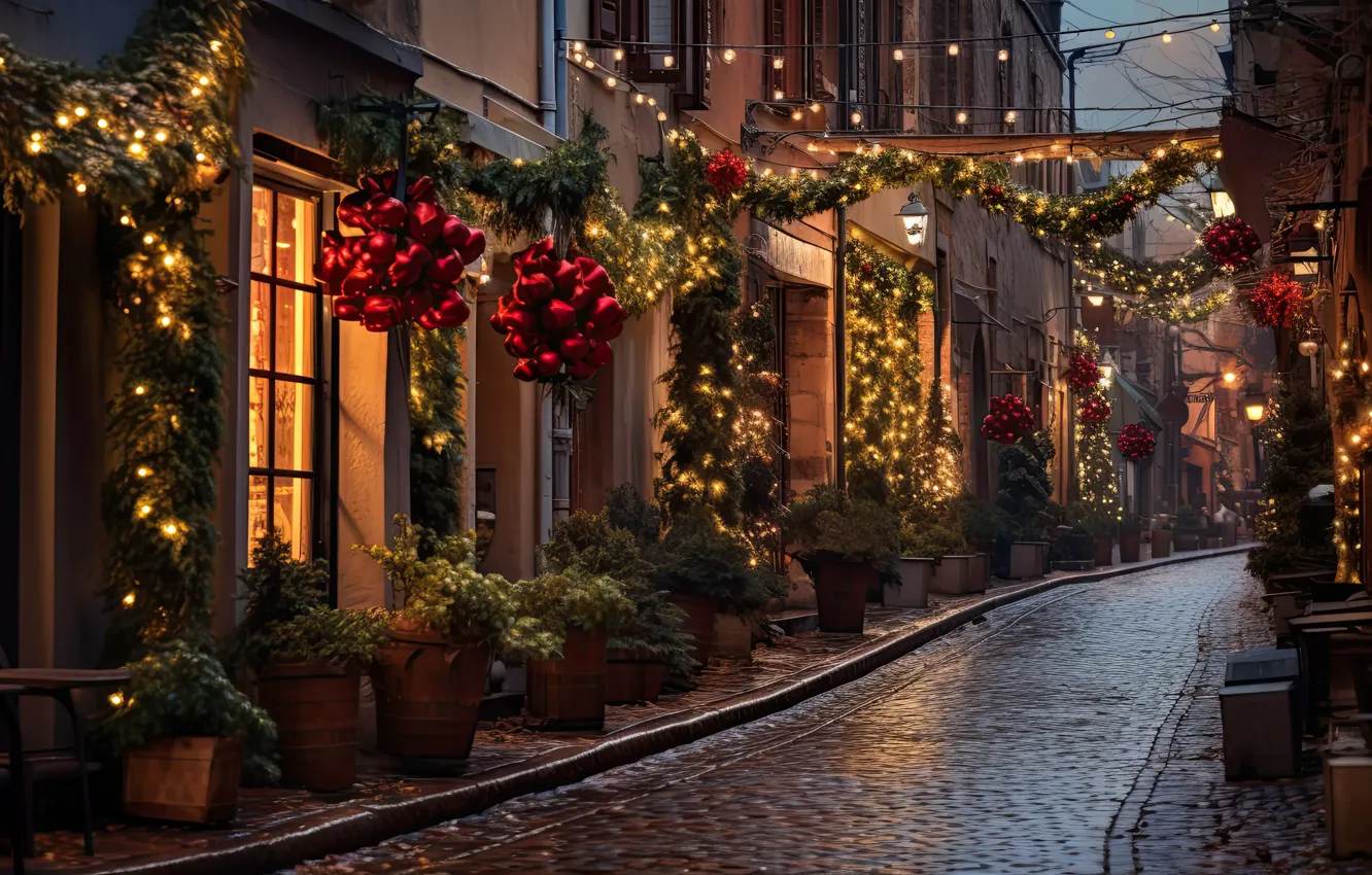 Photo wallpaper winter, snow, decoration, night, the city, lights, street, tree