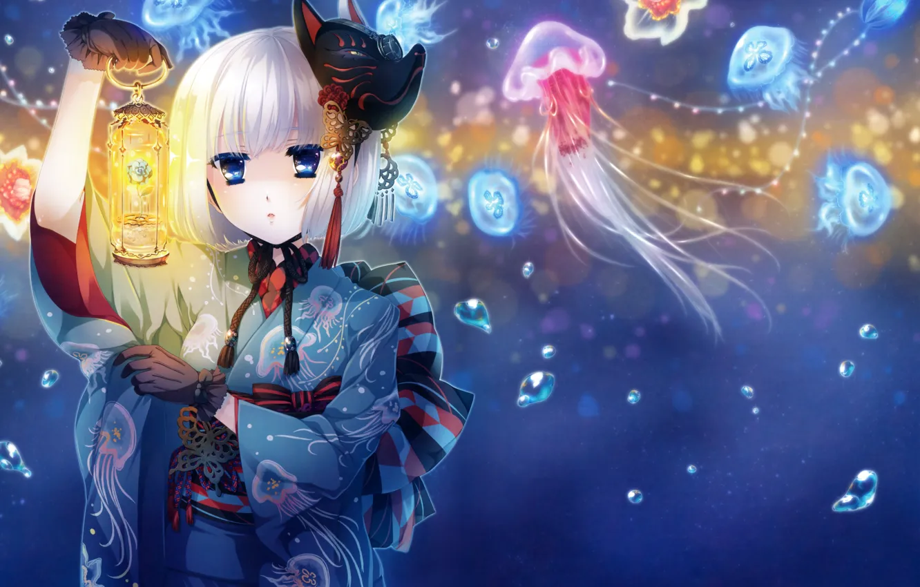Photo wallpaper girl, flowers, anime, mask, art, jellyfish, lantern, kimono
