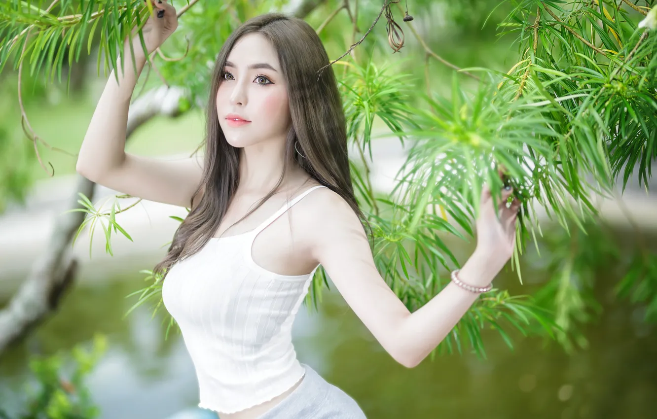 Photo wallpaper branches, pose, model, Asian