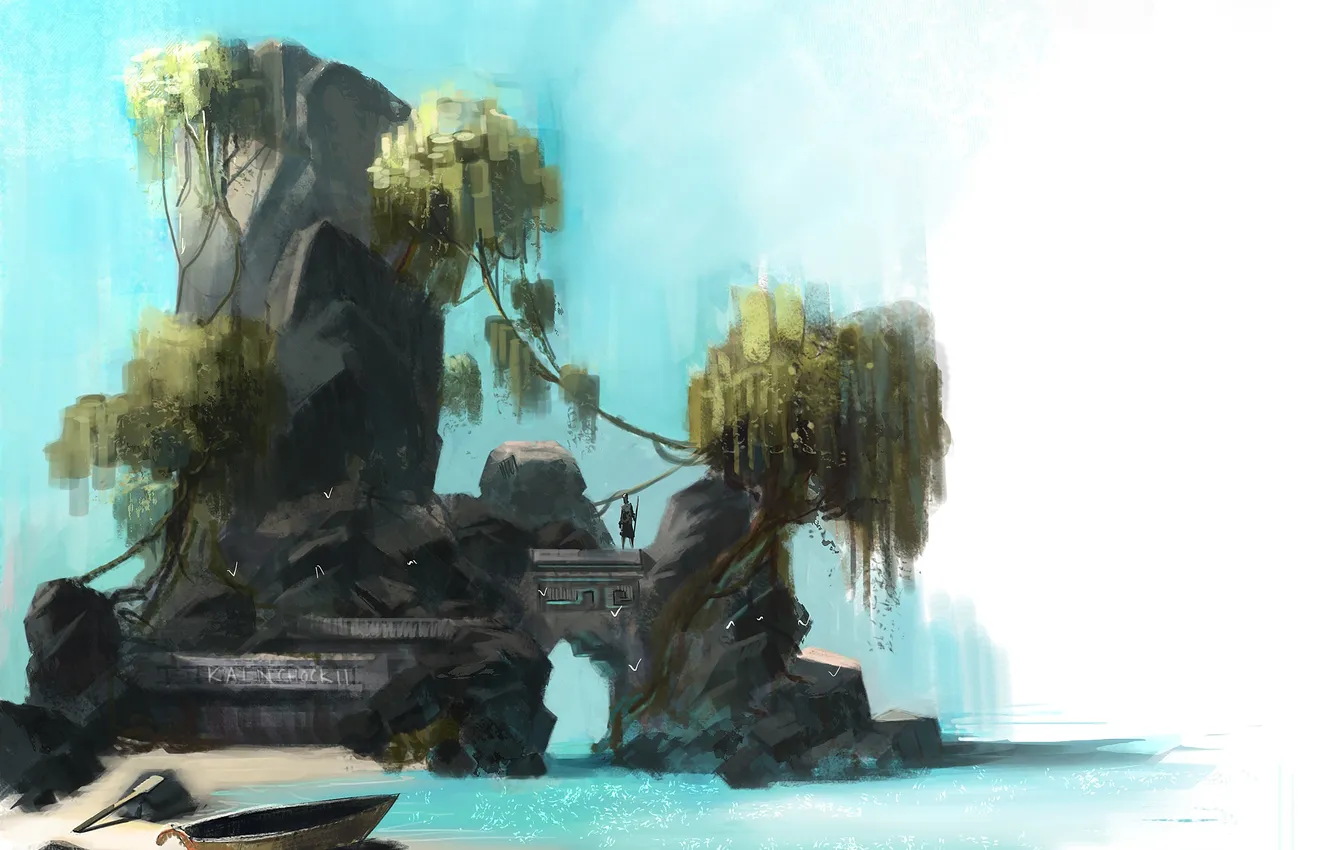 Photo wallpaper sea, stones, rocks, bird, shore, boat, people, art