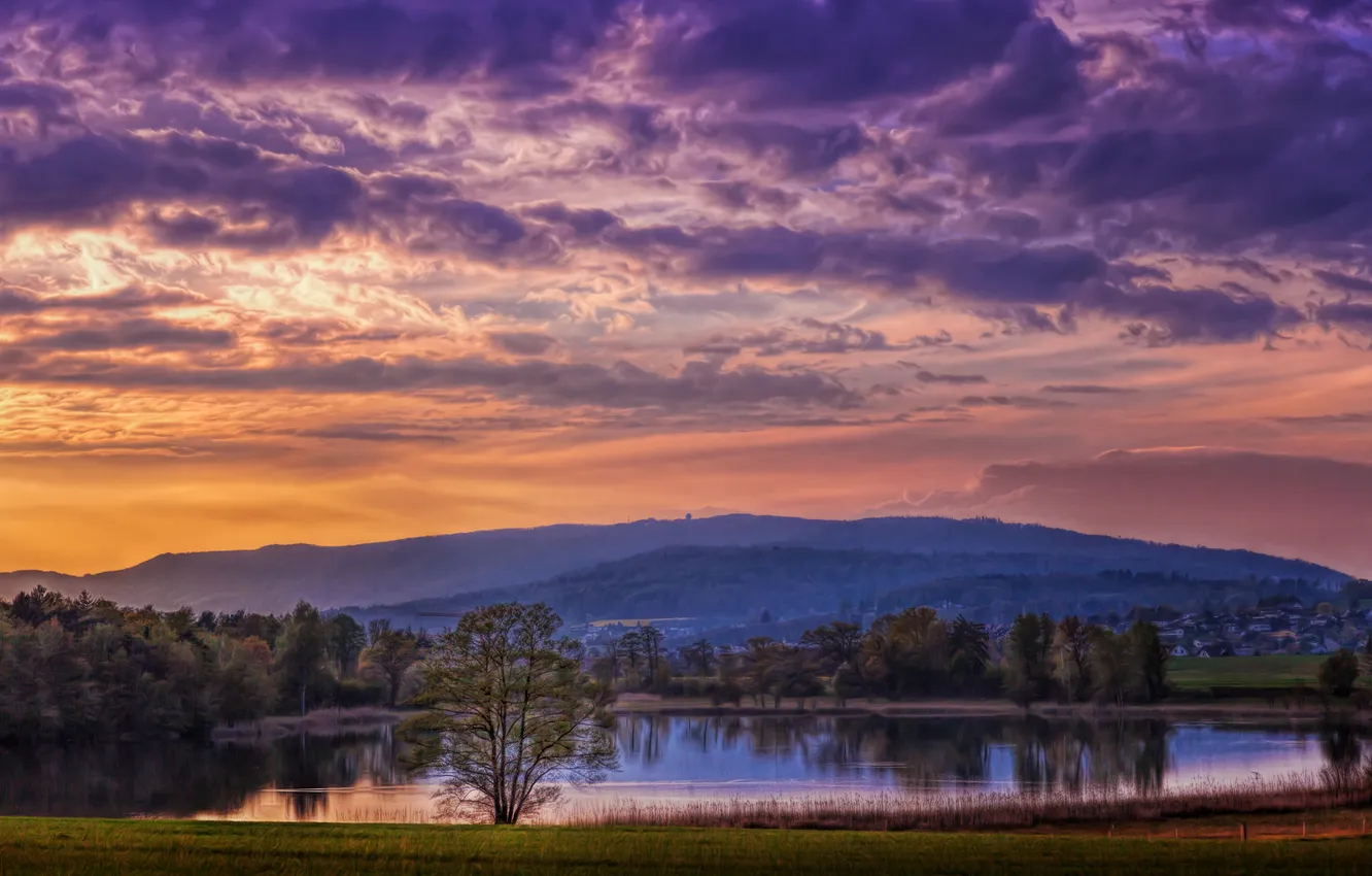 Photo wallpaper the sky, lake, hills