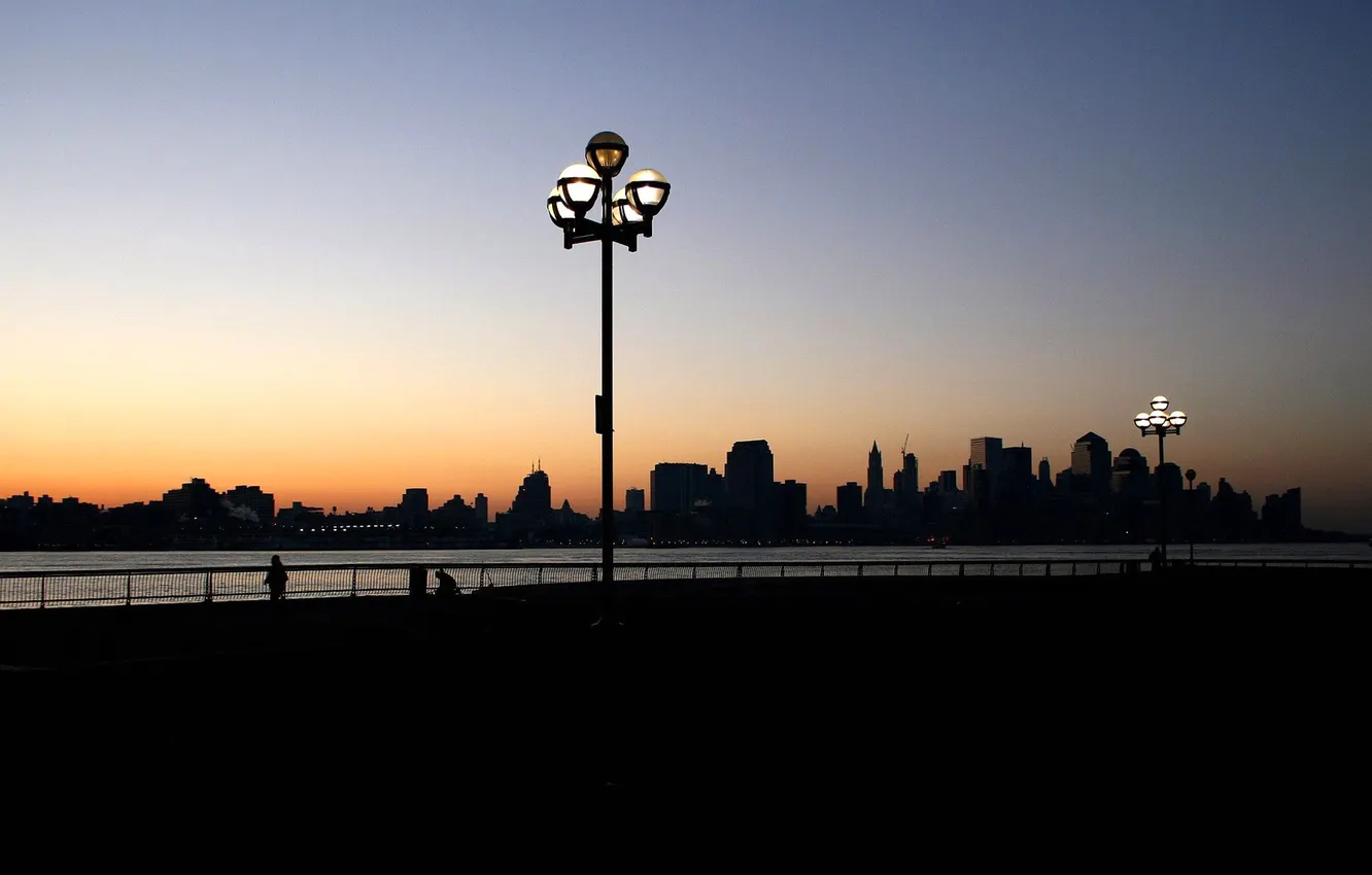 Photo wallpaper the sky, sunset, the city, silhouette, lights, glow