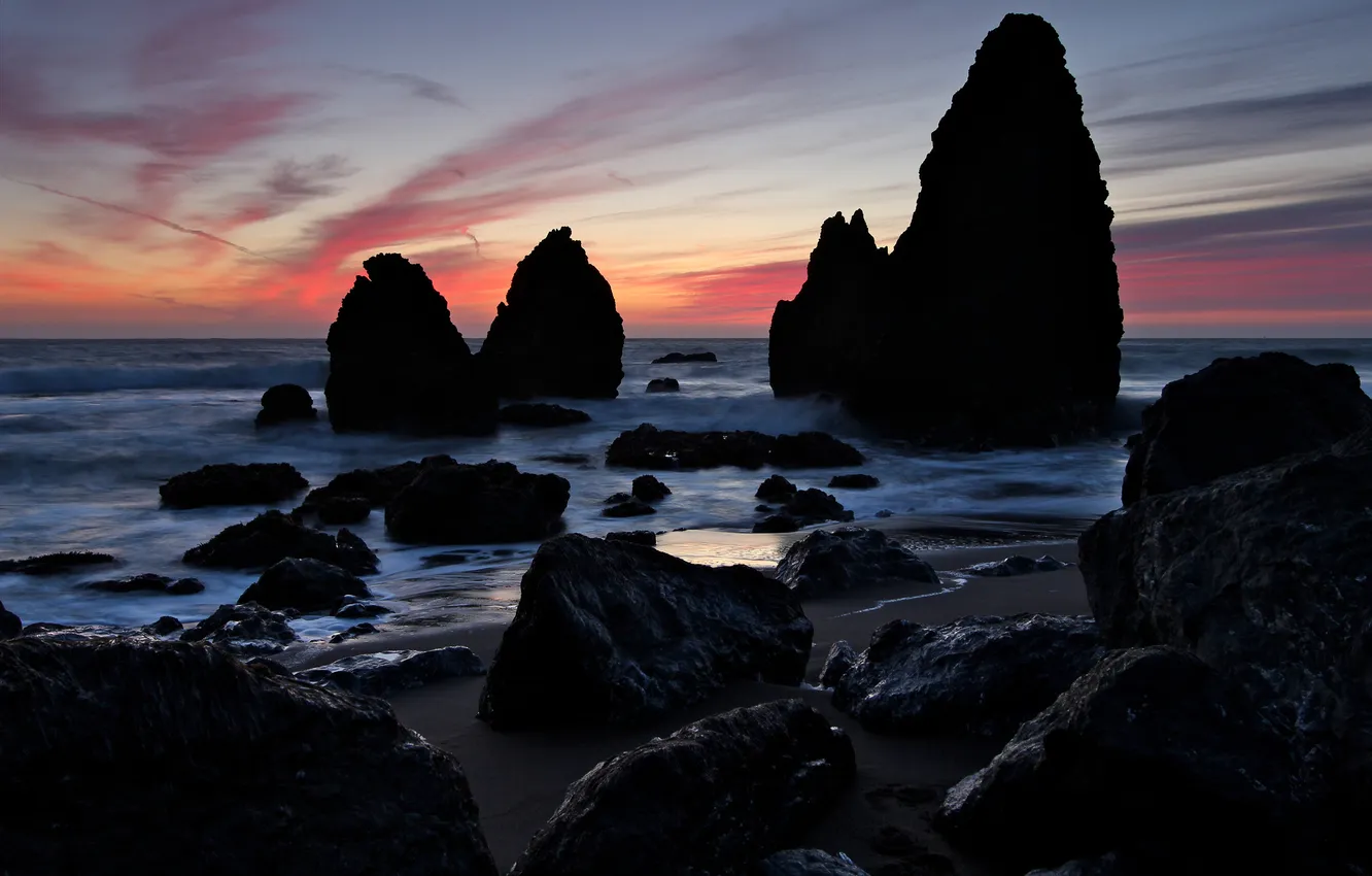 Photo wallpaper sea, sunset, rocks, the evening, silhouettes