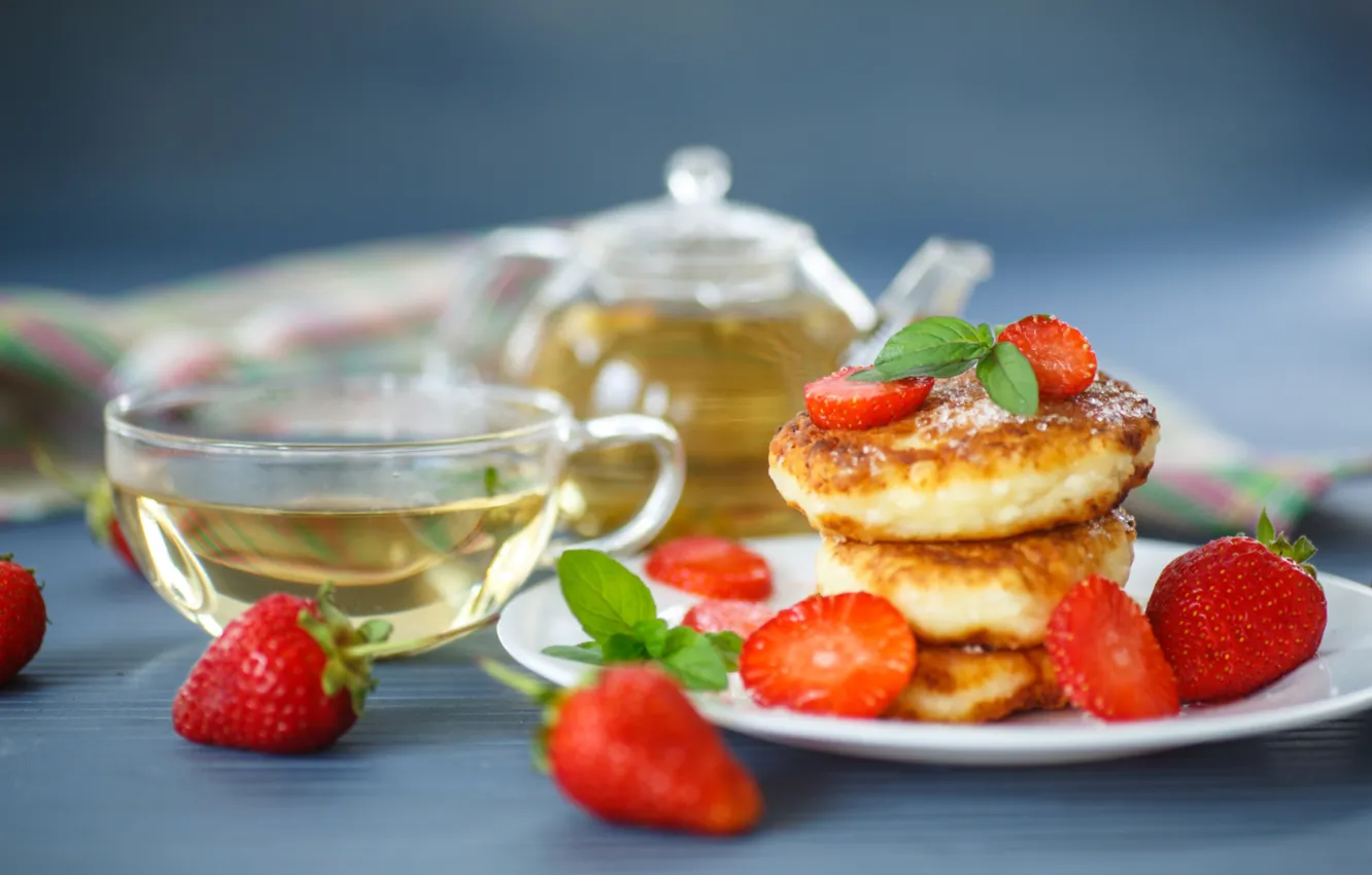 Photo wallpaper tea, strawberry, cheesecakes