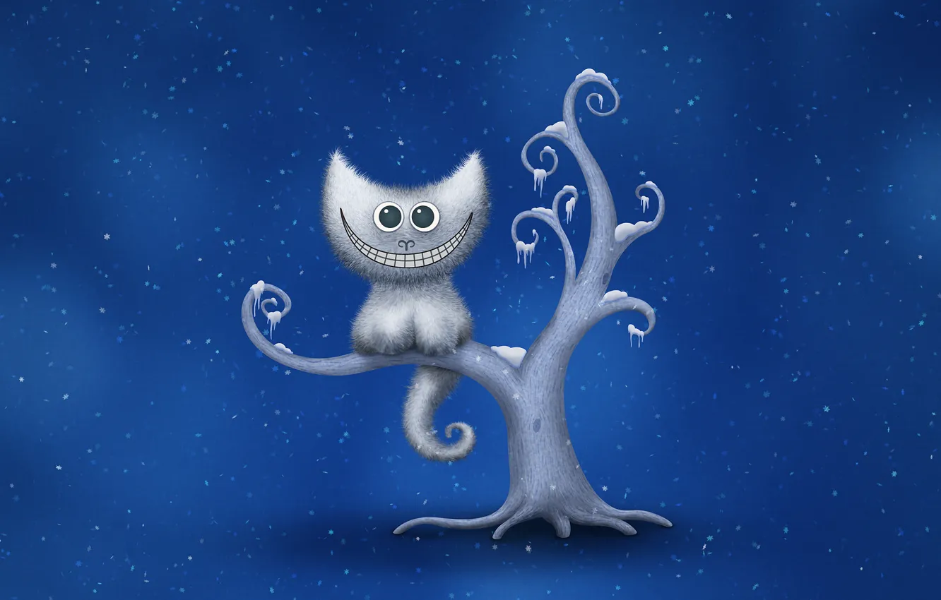 Photo wallpaper winter, snowflakes, smile, tree, Cheshire cat