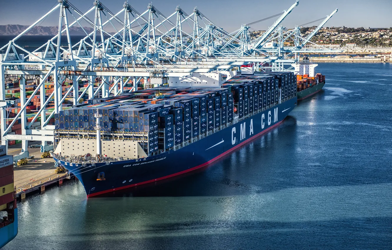 Photo wallpaper The ship, Benjamin Franklin, A container ship, Cranes, Port, CMA CGM, Vessel, Container Ship