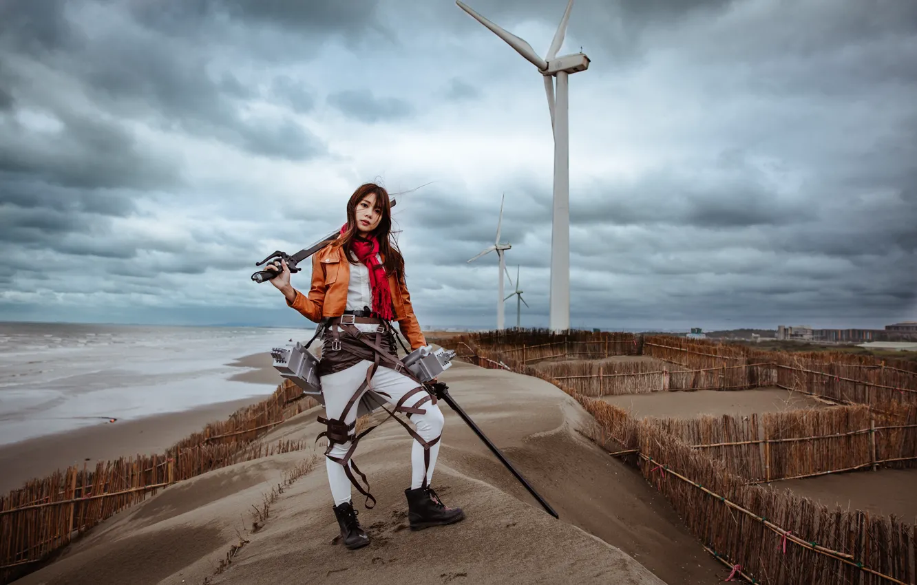 Photo wallpaper girl, shore, windmills, Asian