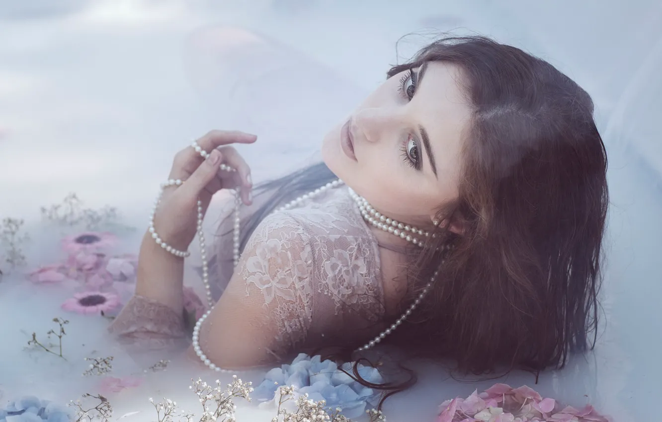 Photo wallpaper look, water, girl, flowers, background, mood, hair, treatment