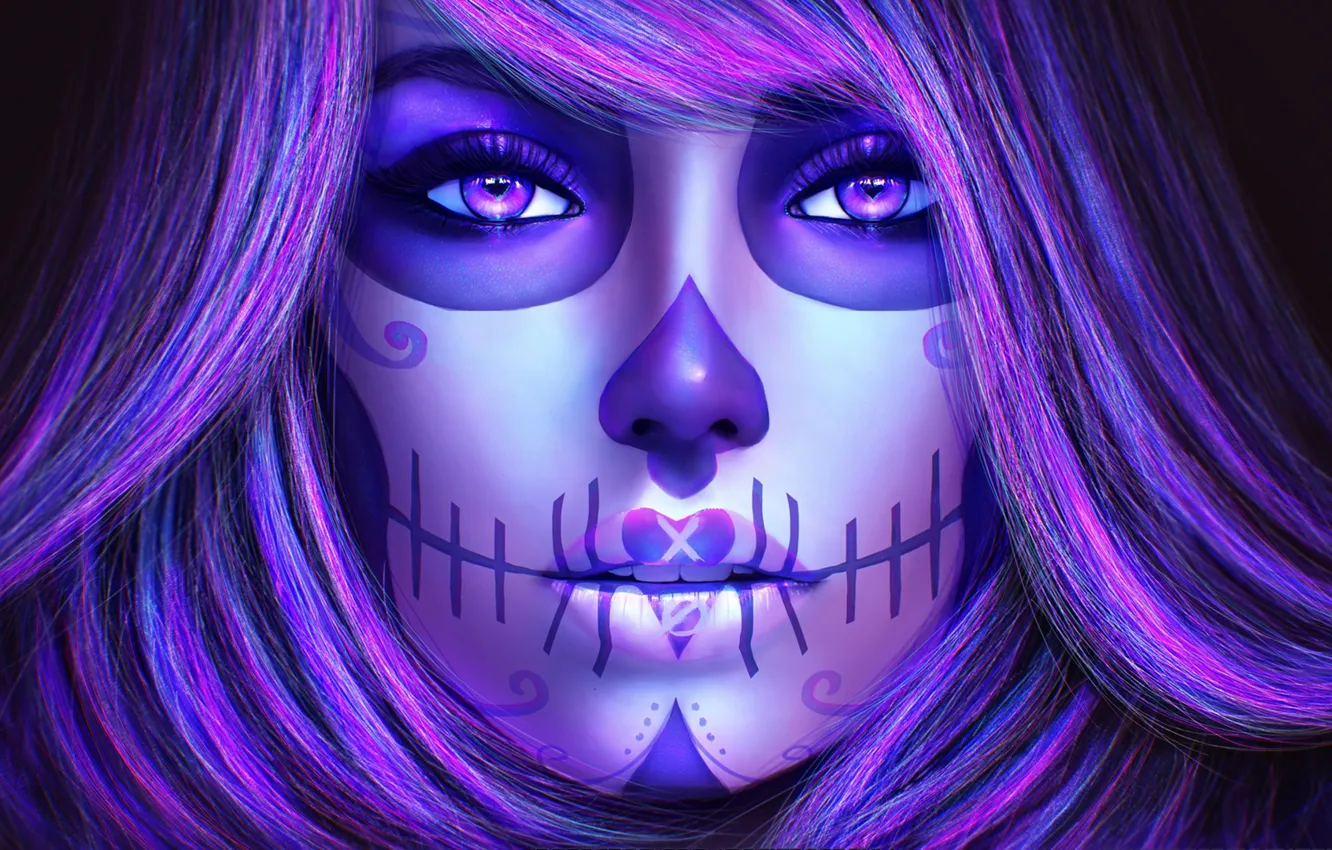Photo wallpaper look, girl, face, hair, art, day of the dead, Sugar Skull, Catrina