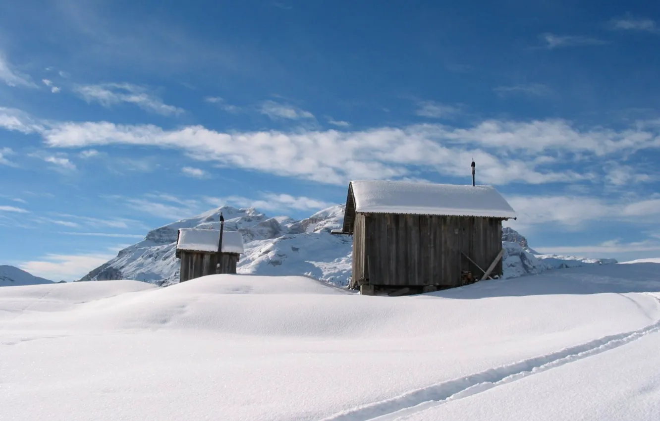 Photo wallpaper winter, snow, mountains, houses