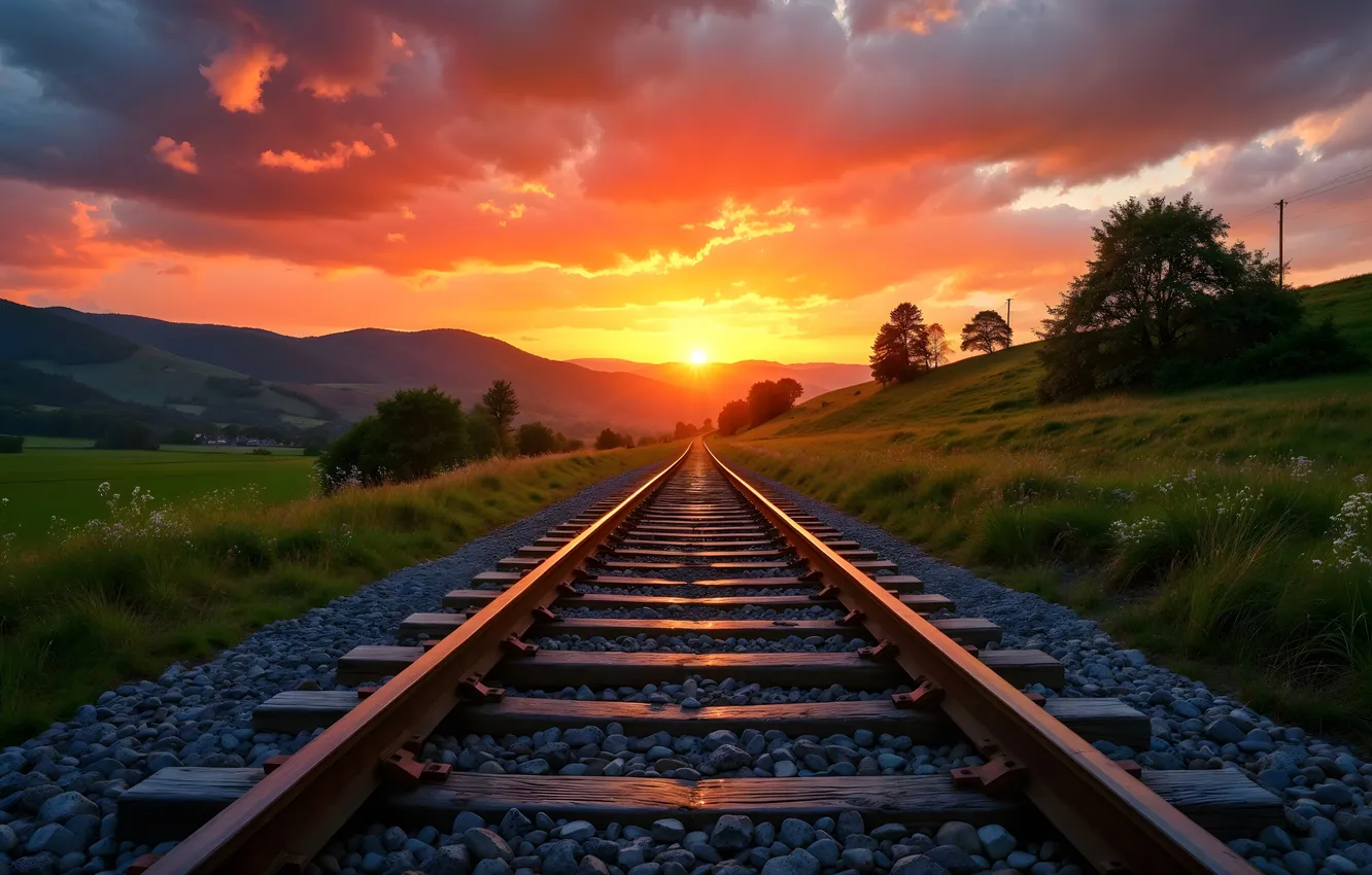 Photo wallpaper field, the sun, clouds, sunset, hills, railroad, AI art, neural network