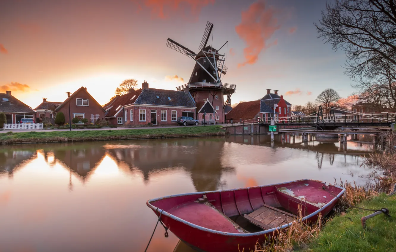 Photo wallpaper landscape, bridge, the city, river, boat, home, mill, Netherlands