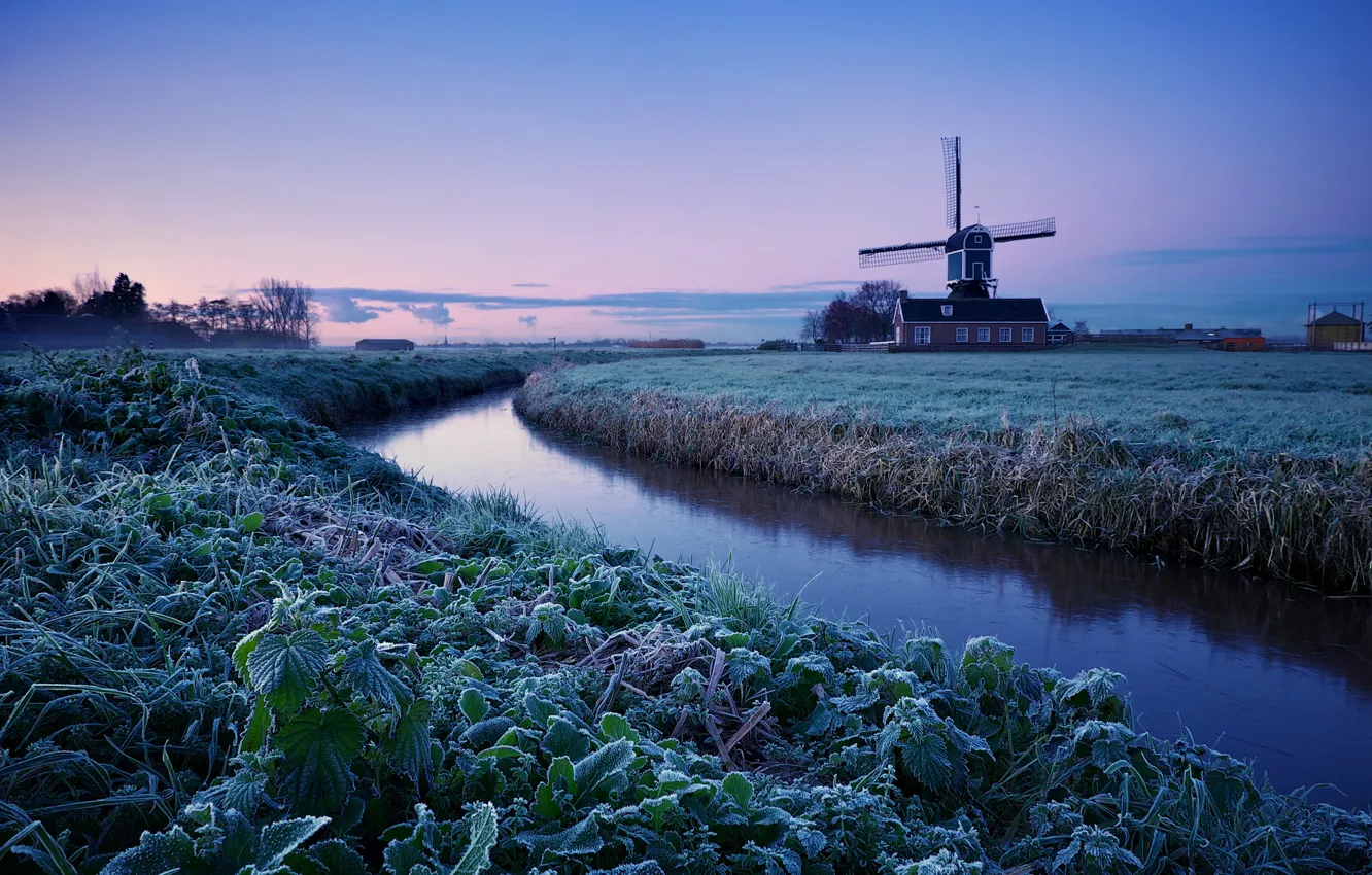 Photo wallpaper winter, frost, field, the sky, trees, dawn, morning, mill