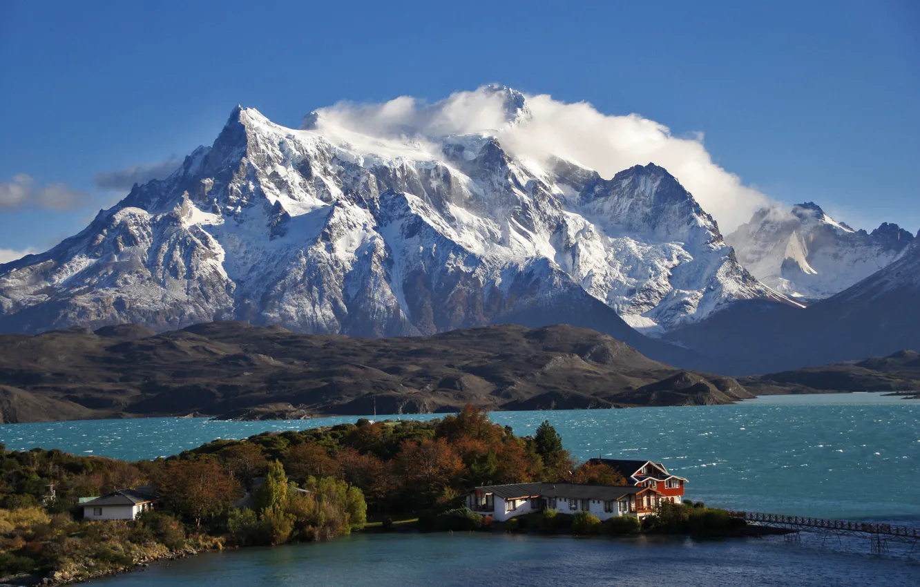 Photo wallpaper mountains, lake, island, the hotel, Chile, Patagonia