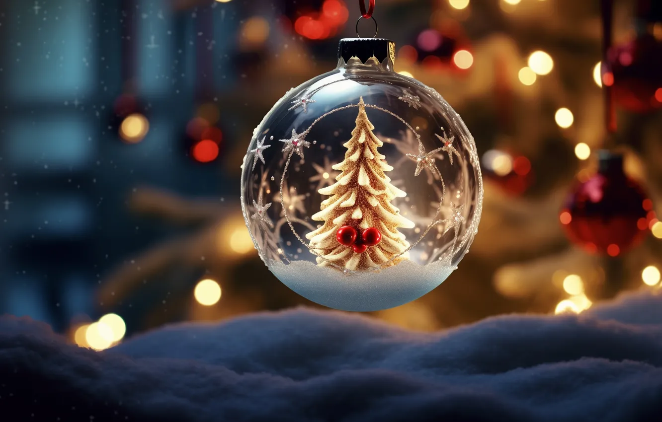 Photo wallpaper snow, toy, tree, bokeh, Christmas ball, riverfox1