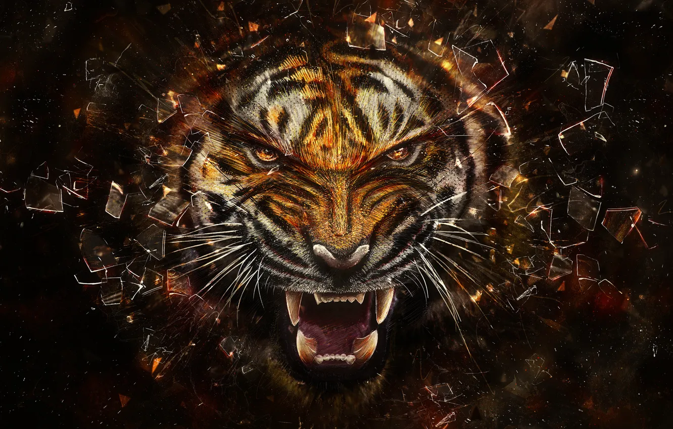 Photo wallpaper glass, fragments, tiger