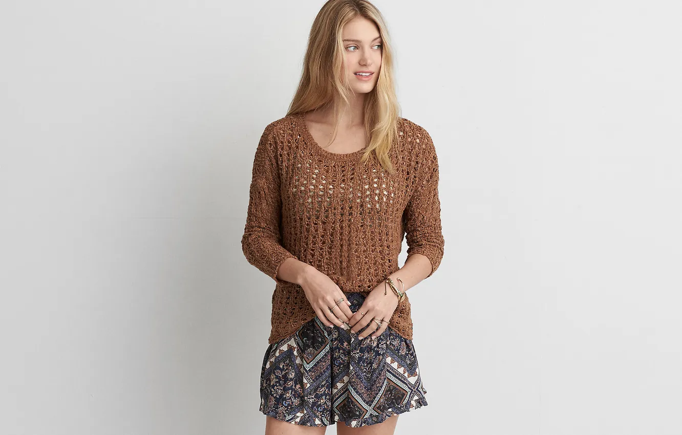 Photo wallpaper shorts, long hair, woman, young, beautiful, model, blonde, sweatshirt