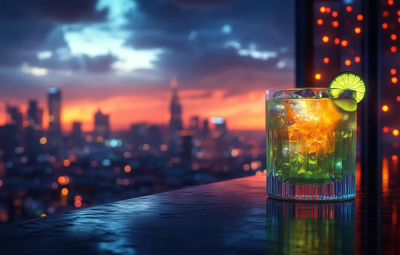 Photo wallpaper night, colorful, lime, drink, sky, night, city lights, clouds