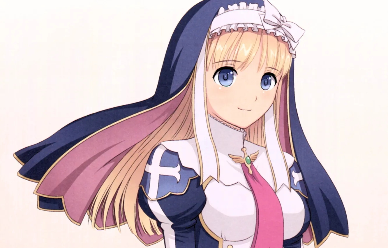 Photo wallpaper cross, white background, blue eyes, bow, nun, shawl, art, Tony Taka