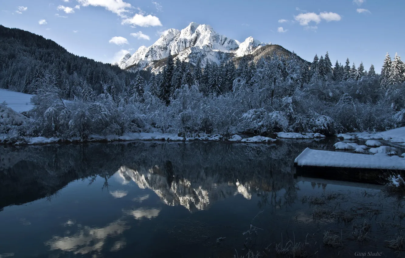Photo wallpaper winter, landscape, mountains, lake, the evening