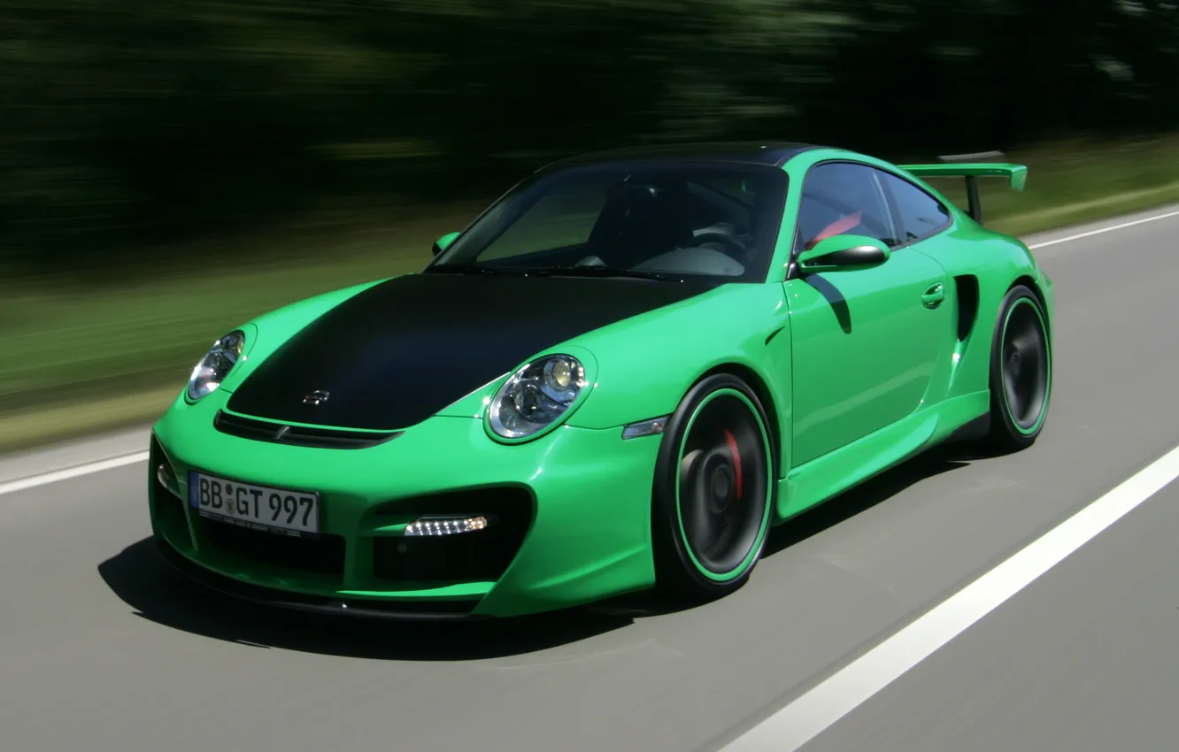 Photo wallpaper green, speed, 911, turbo, porsche, street